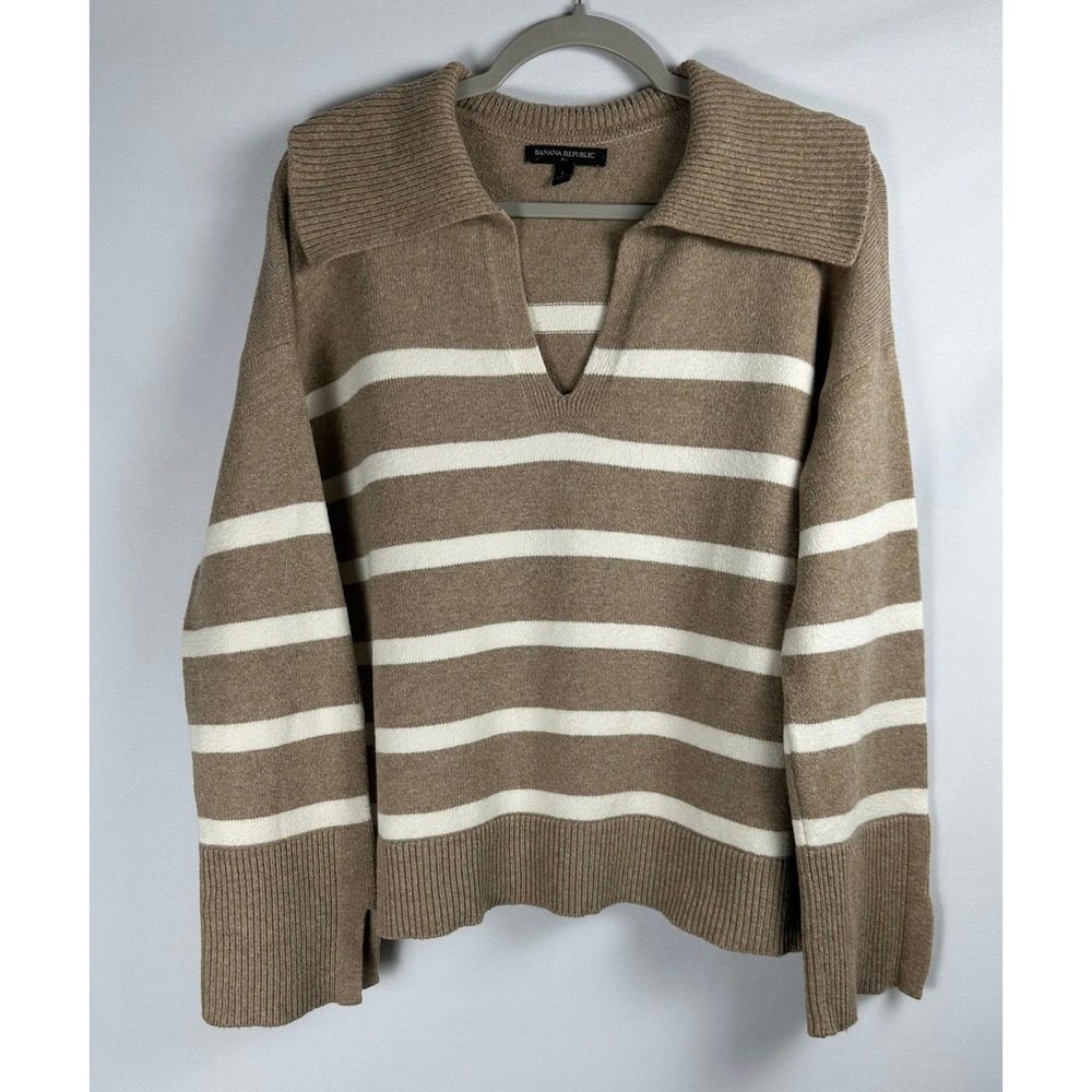 Banana Republic Johnny Collar Sweater L Beige Striped Coastal Quiet Luxury Cozy